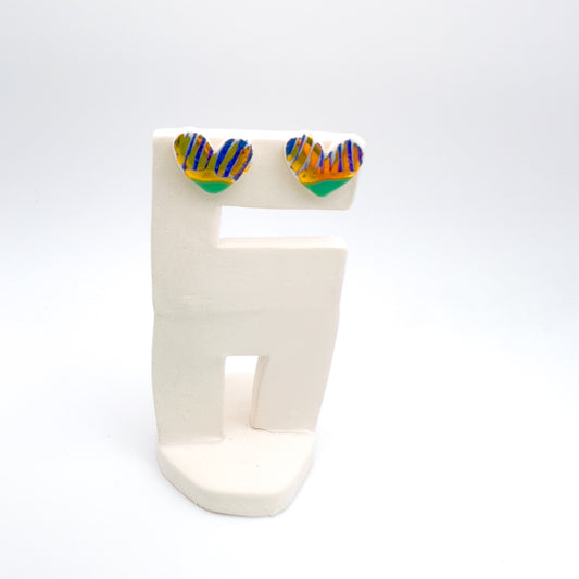 Mini Heart Stud  - Navy wavy print, mint green & 24 carat Gold Lustre