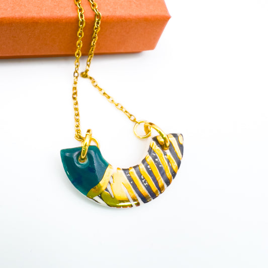 Mini Arc Necklace  - Deep Sea Green, Black print, Red & 24 carat gold
