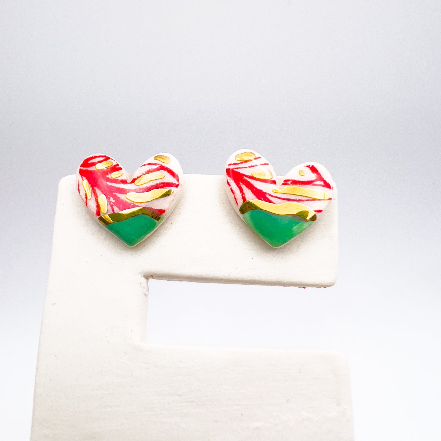 Mini Stud Heart - Red print, mint green & 24 carat Gold Lustre