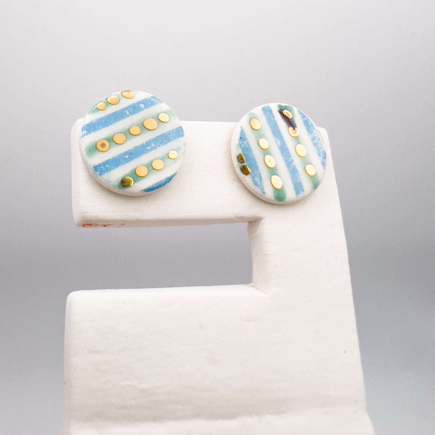 Mini stud - blue striped print & 24 carat Gold Lustre
