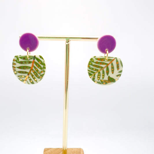 Cré Ór Beag - Drop Earring Amethyst, 24 Carat Gold & Green Leafy Print
