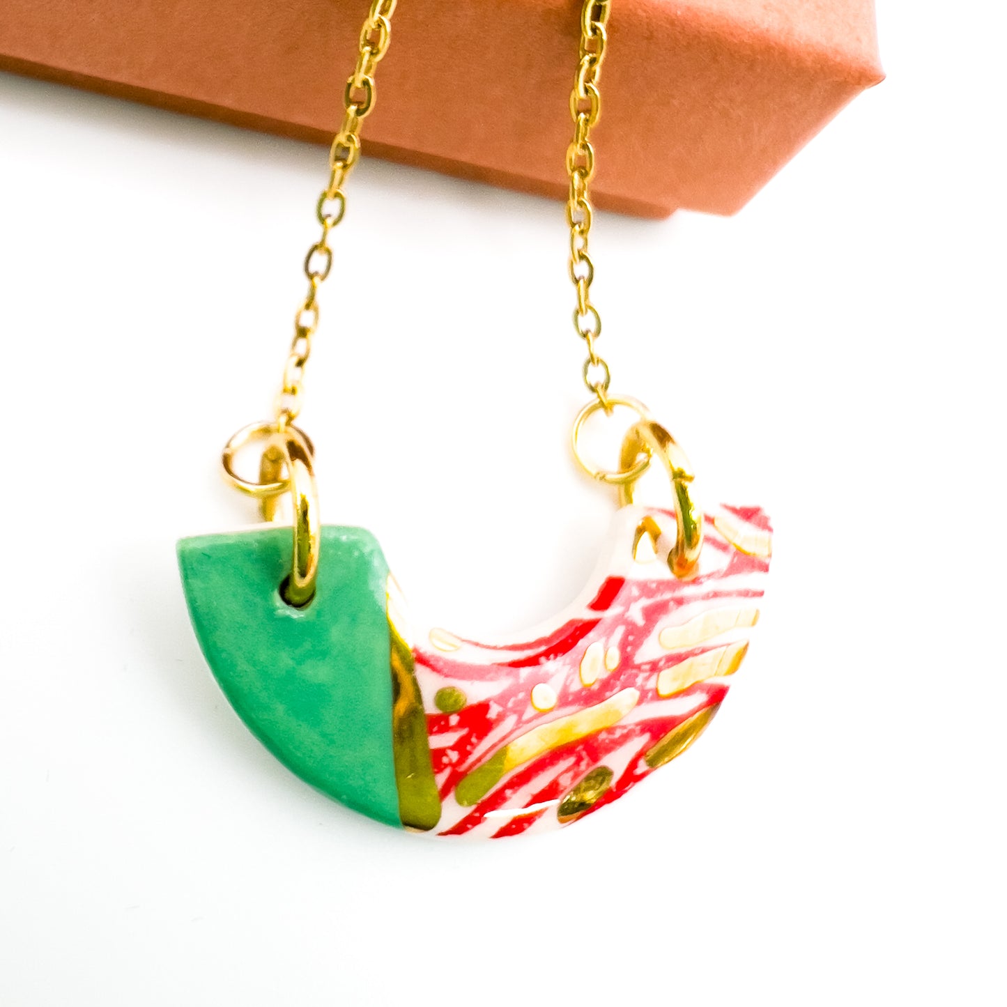 Mini Arc Necklace  - Minty Green, Red print, yellow & 24 carat gold