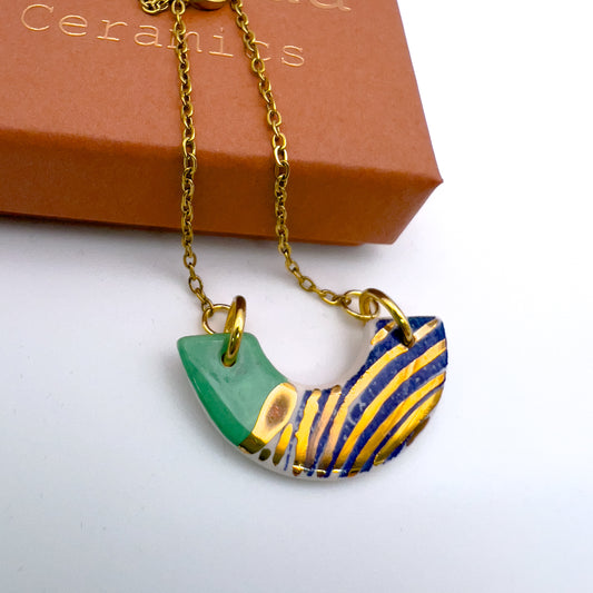 Mini Arc Necklace  - Minty Green, Navy wavy print, Red & 24 carat gold