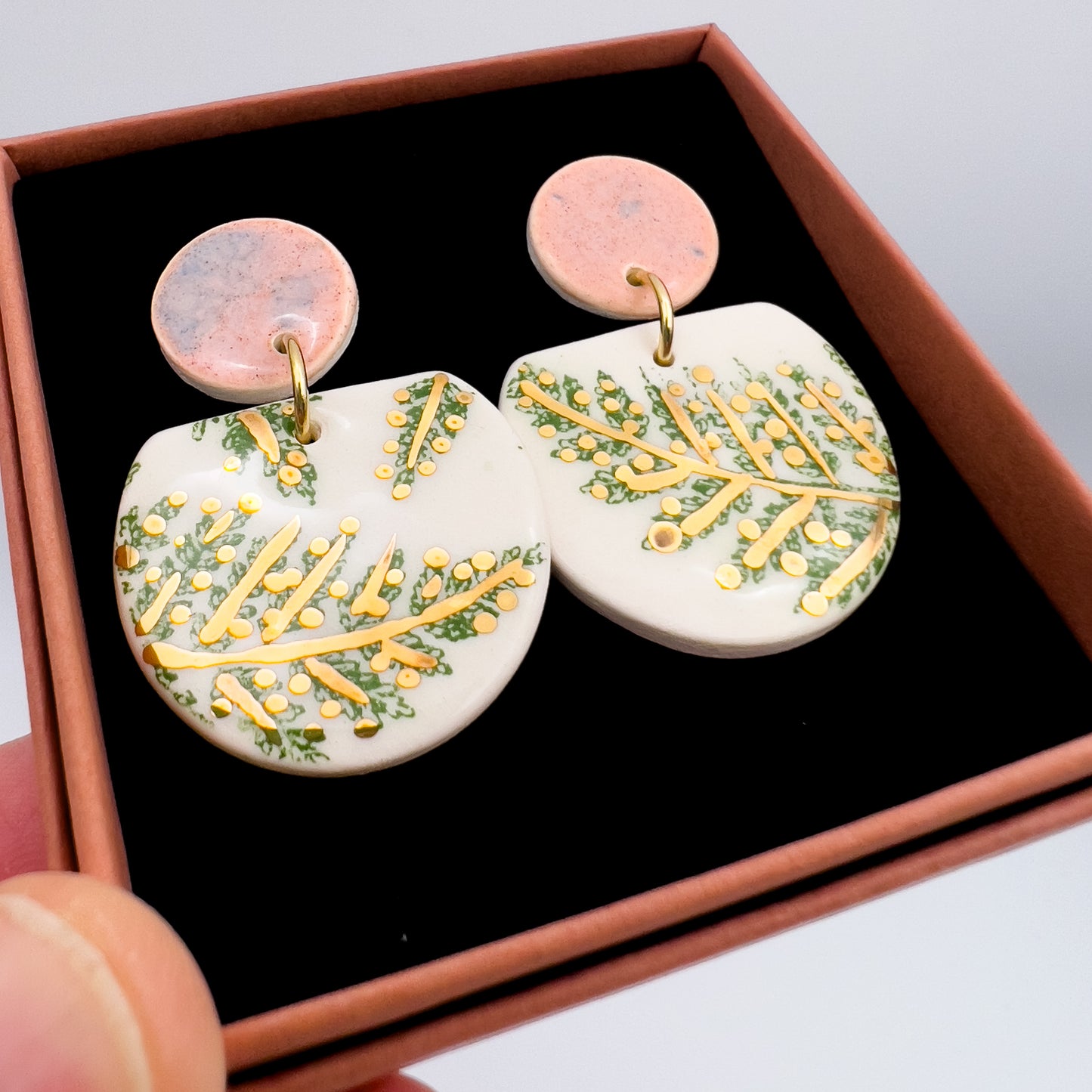 Cré Ór Beag Earring - Pink, Green leafy print & 24 Carat Gold