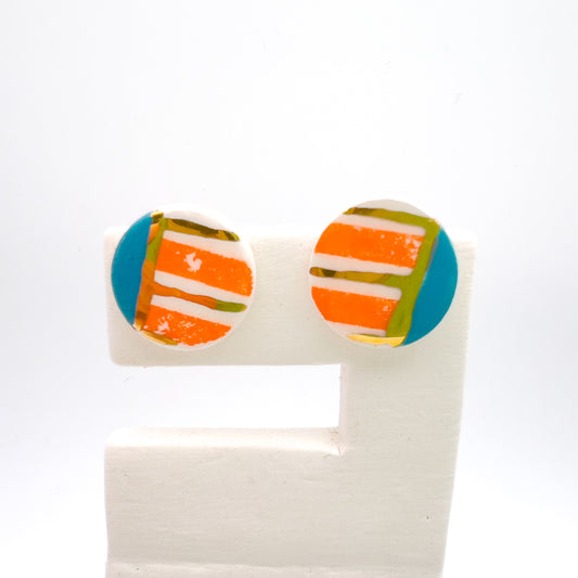 Mini Stud  - Orange stripe, blue & 24 carat Gold Lustre