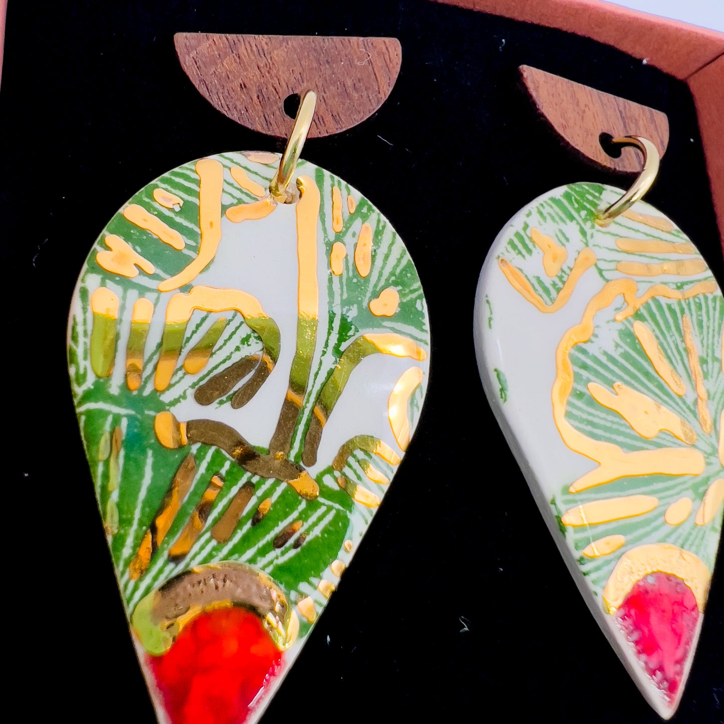 Wooden Rain Drop Earring- Red, Green Gingko & 24 Carat Gold