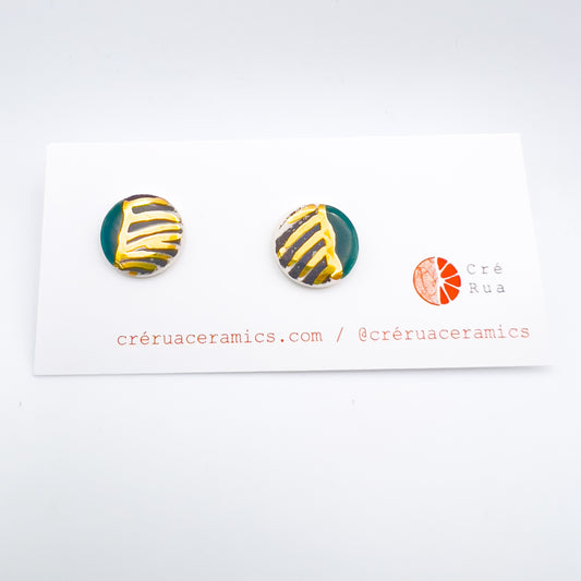 Mini Stud  - Deep Sea Green, Black Wavy Print  & 24 carat Gold Lustre