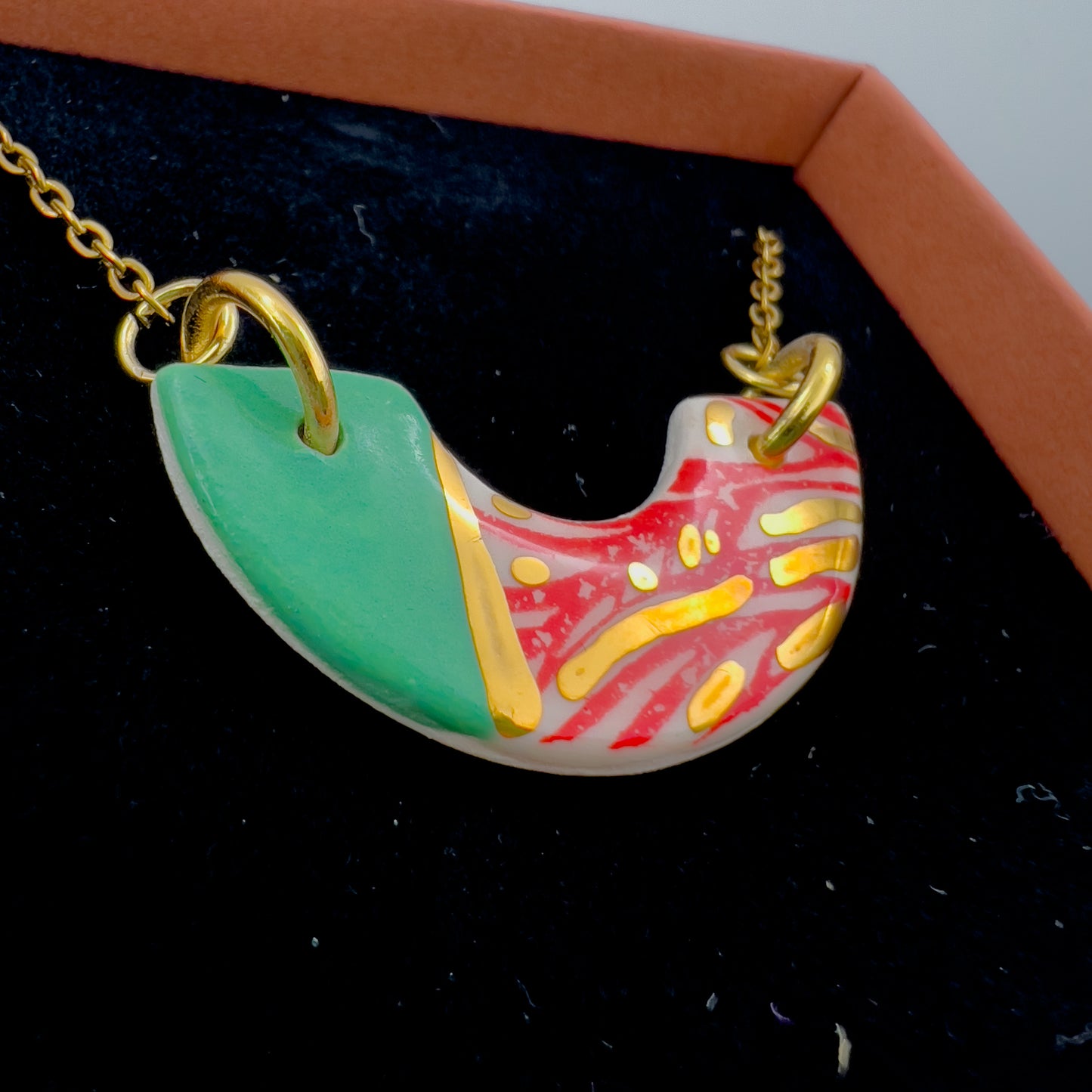 Mini Arc Necklace  - Minty Green, Red print, yellow & 24 carat gold