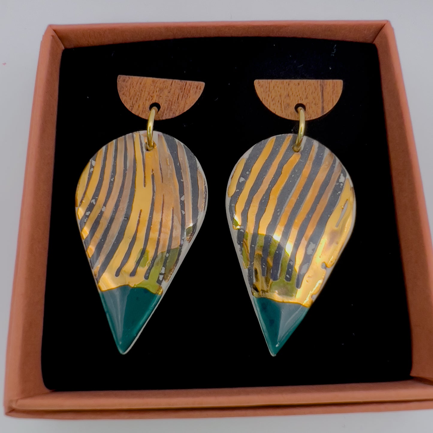 Wooden Rain Drop Earring - Black Wavy Print, Sea Green & 24 carat gold lustre