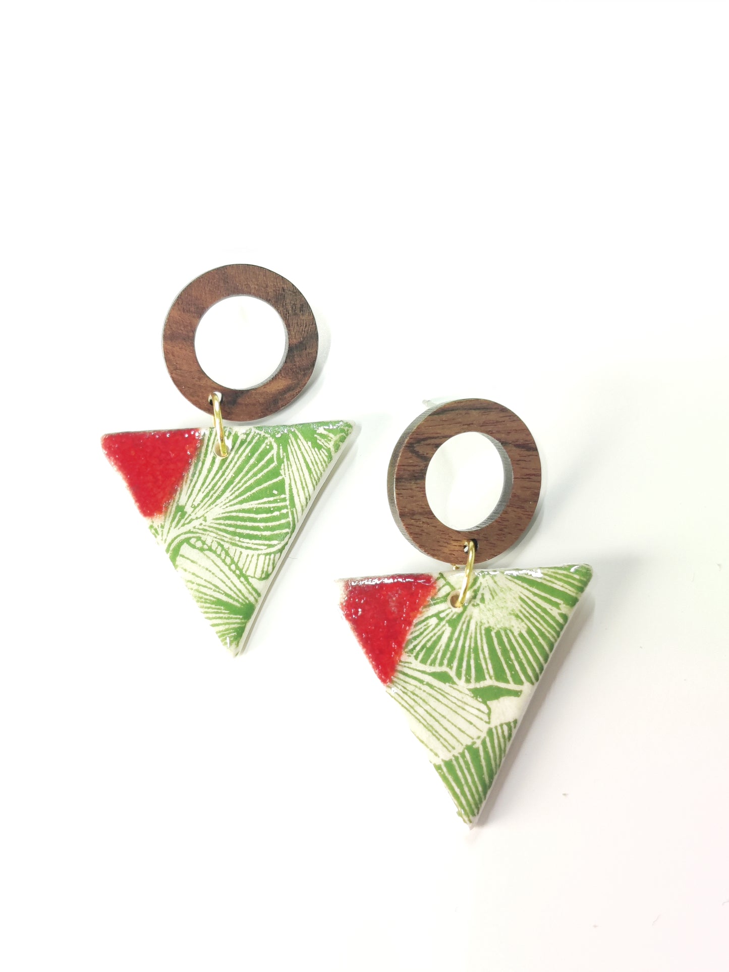 Wooden Triangular Drop - Green Plant Print & Red