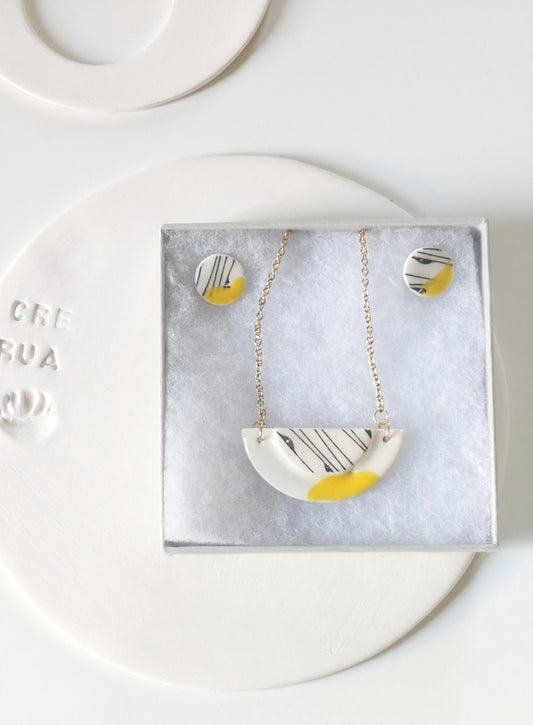 Gift Set - Half Moon & Sun Necklace & Mini Stud Set Canary Yellow & Black Geo print
