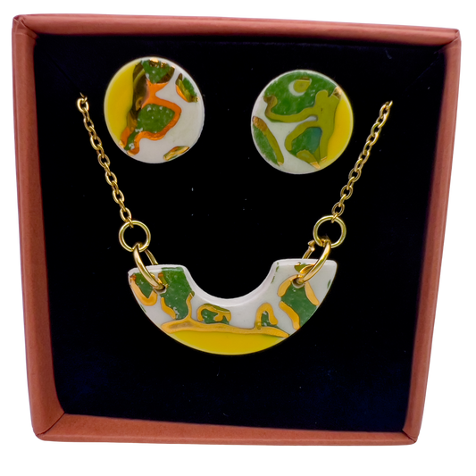 Gift Set - Mini Arc Necklace & Mini Stud Earrings. Canary Yellow, Green Animal Print & 24 carat gold