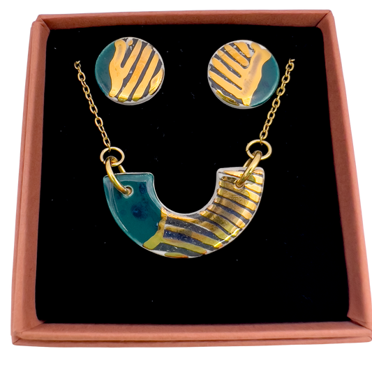 Gift Set - Mini Arc Necklace & Mini Stud Earrings. Deep Sea Green, Black Print & 24 carat gold