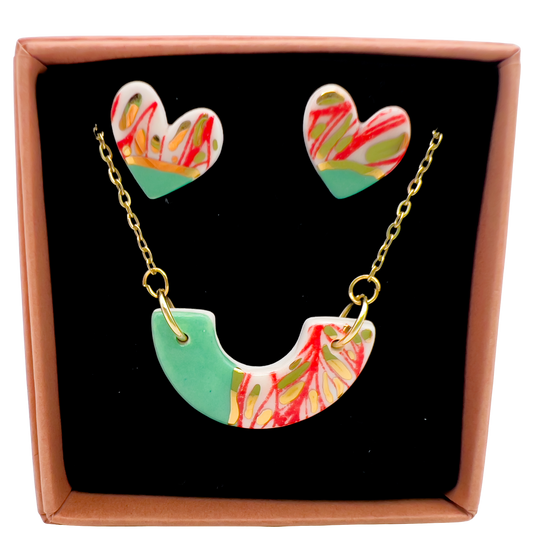 Gift Set - Mini Arc Necklace & Love Heart Stud Earrings. Minty Green, Red Print  & 24 carat gold
