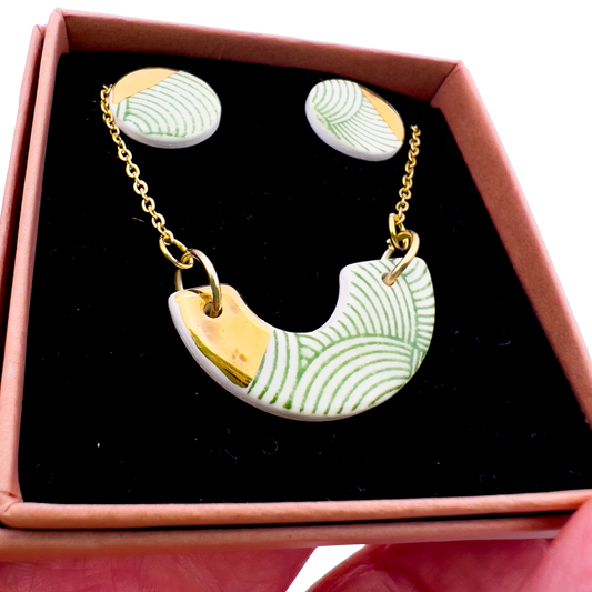 Gift Set - Mini Arc Necklace & Mini Stud Earrings. Green Spiral Print & 24 carat gold