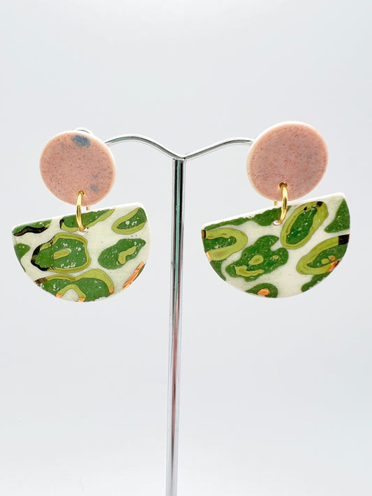 Cré Ór - Drop Earring Mottled Pink, 24 Carat Gold & Green Animal Print