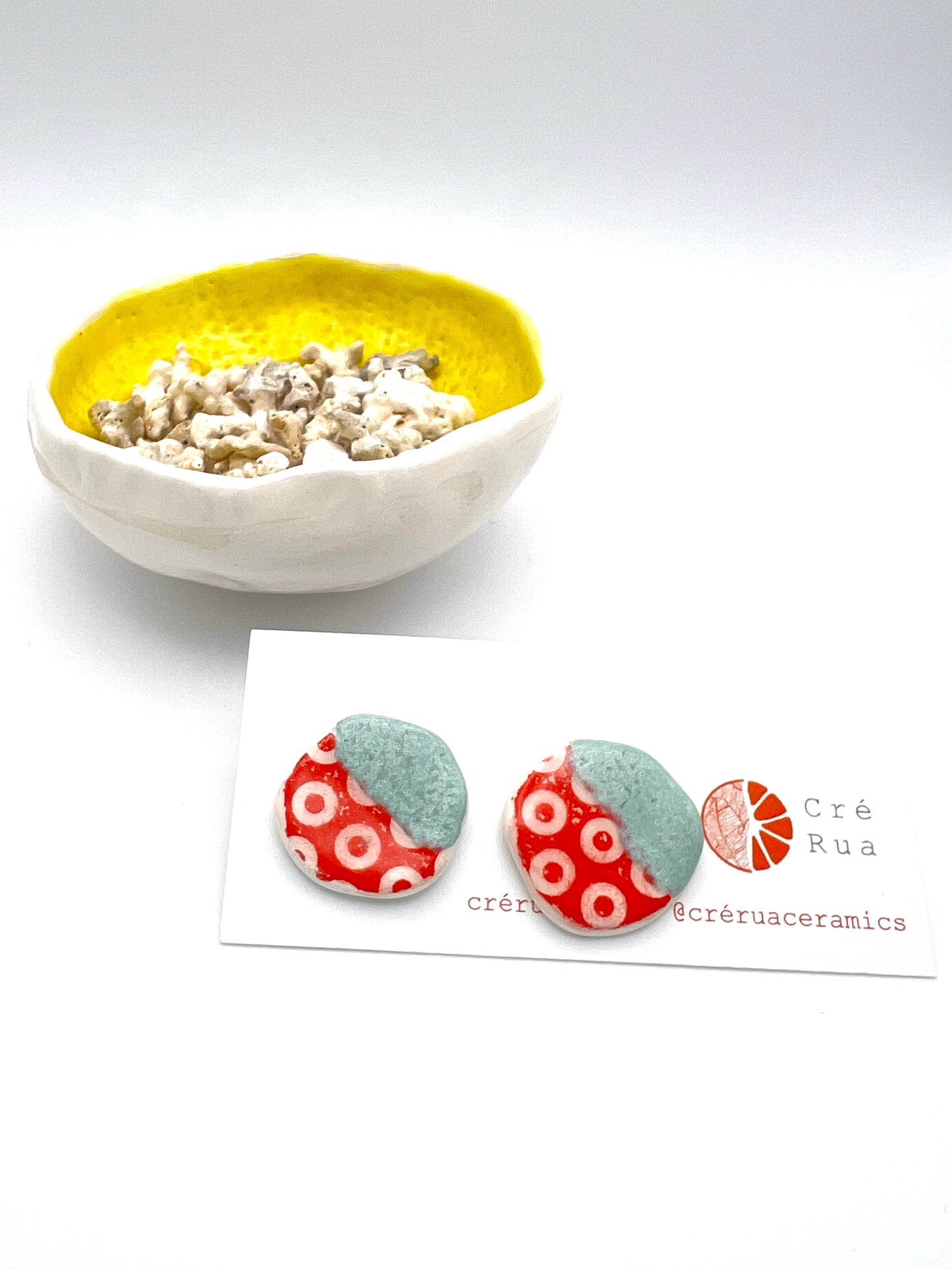 Stud Earring - Speckled Mint glaze & Red Print