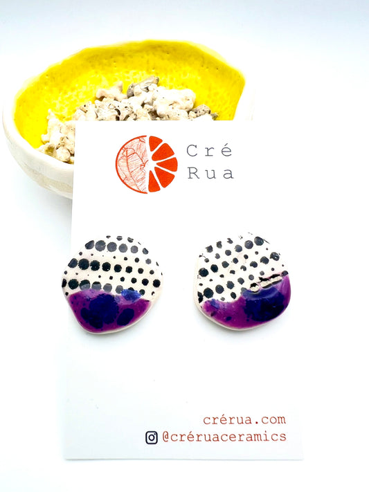 Abstract Stud Earring - Anemone Purple & Black Dotted Print