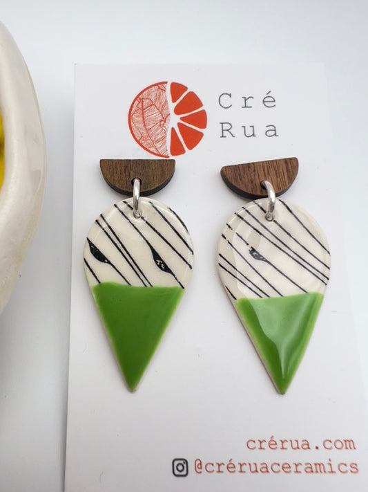 Raindrop Wood & Clay Drop Earring - Lime Green Geo Print