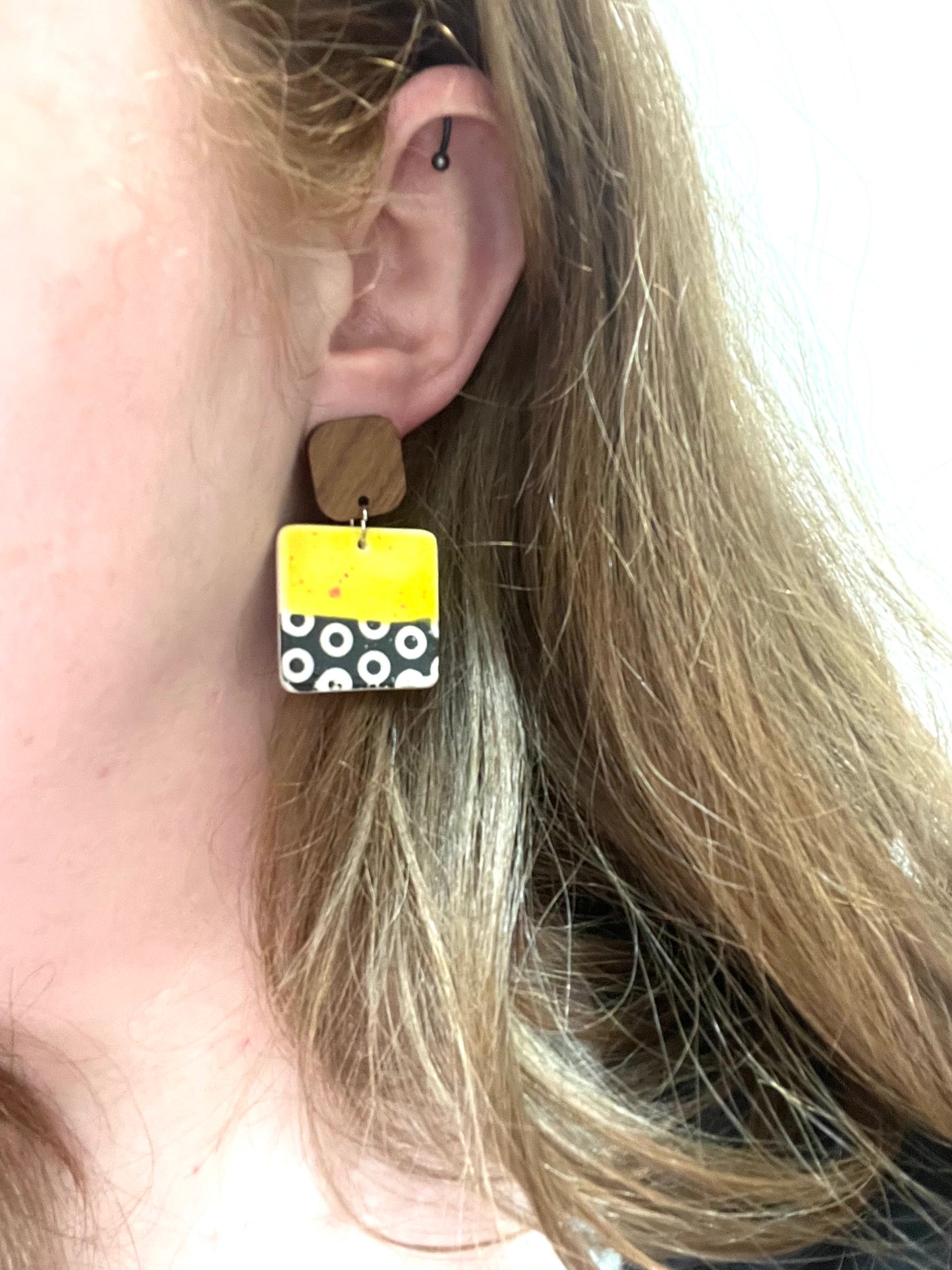 Square Wood and Clay Drop Earring - Speckled Yellow & black dot print