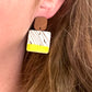 Square wood & clay drop earring - Canary yellow & black geo print