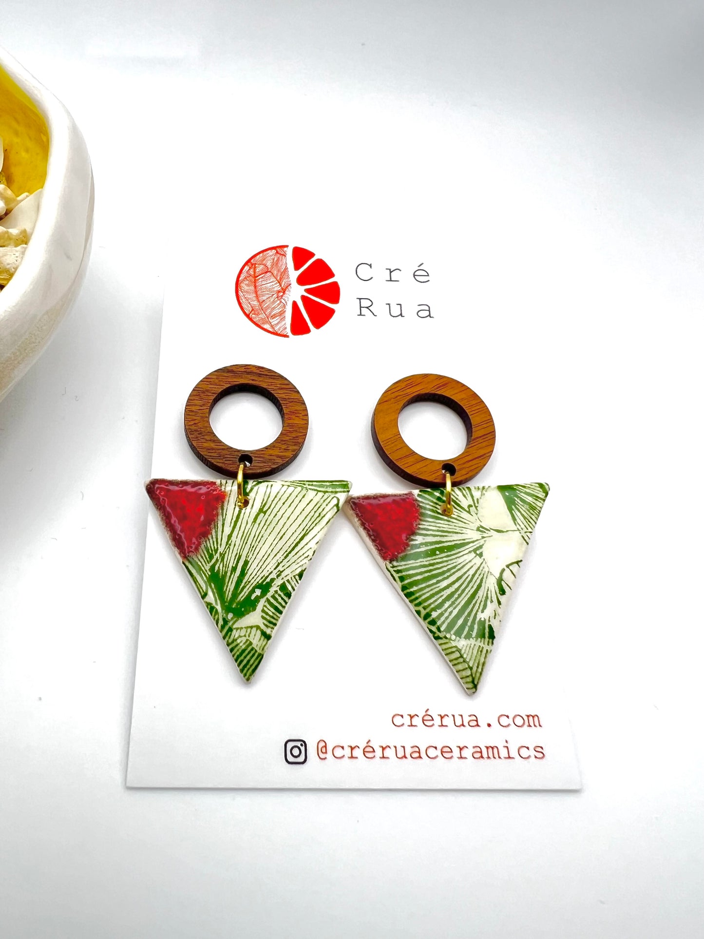 Wooden Triangular Drop - Green Plant Print & Red