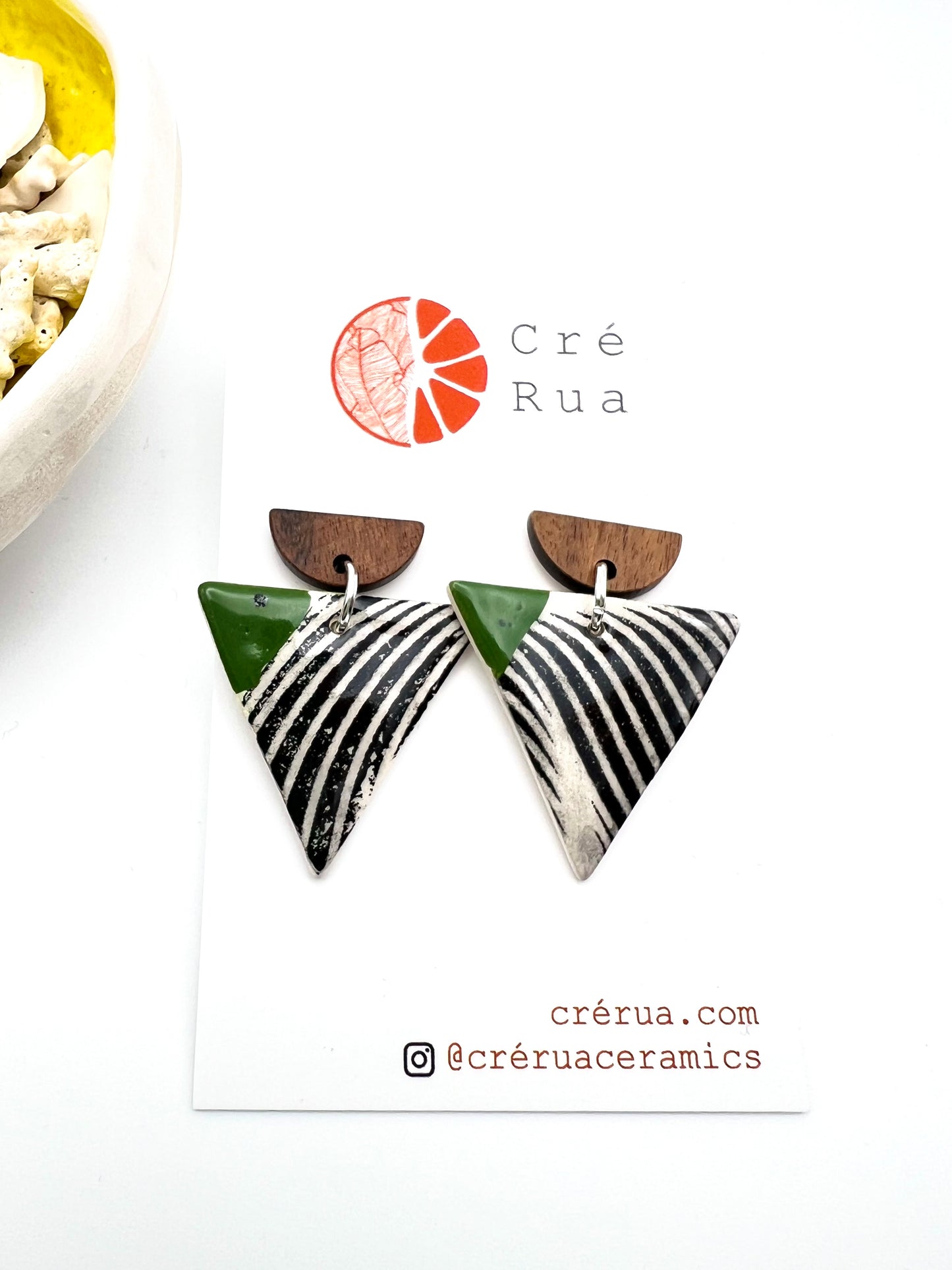 Wooden Triangular Drop Earring - Deep Green & Black Wavy Print