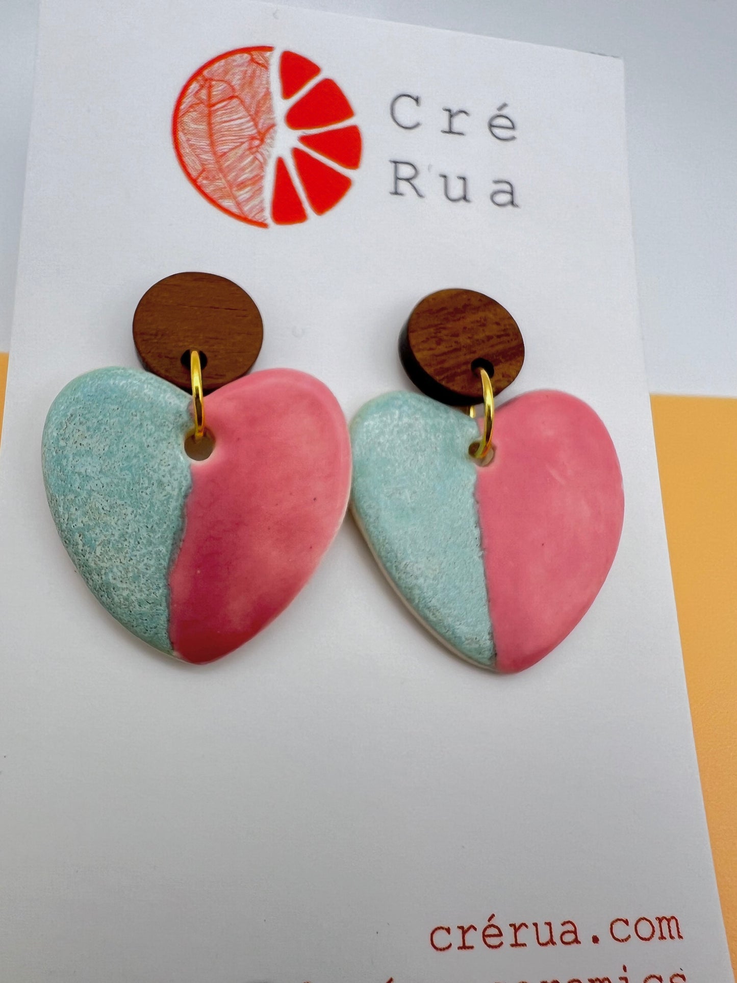 Cré Sweetheart & Wood Drop Earring - Speckled Mint & Satin Pink