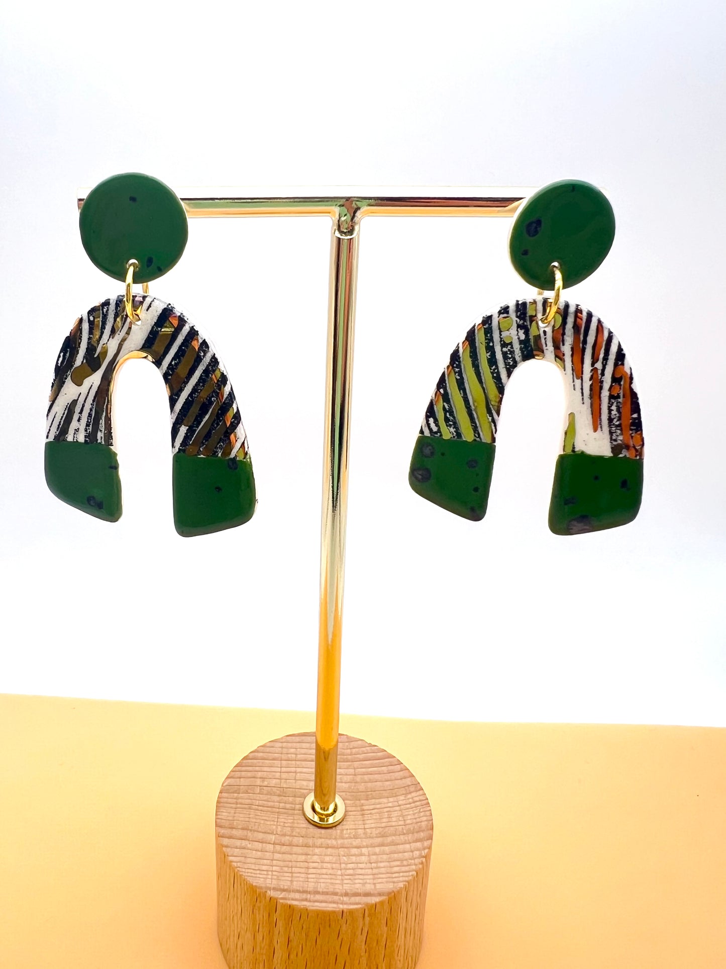 Moorish Arch Drop Earring - Irish Green, Black Wavy Print & 24 Carat Gold