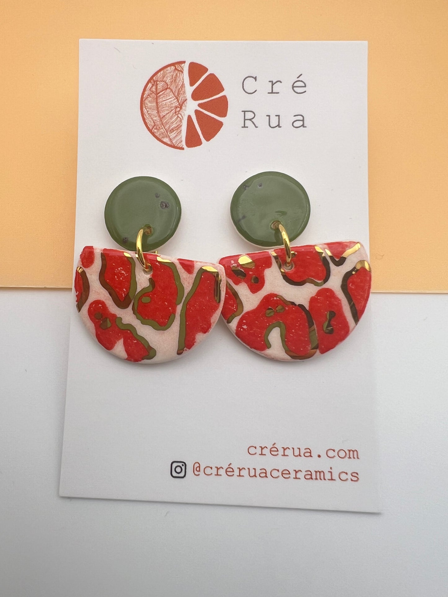 Cré Ór Drop Earring - Red Animal Print, Irish Green & 24 Carat Gold