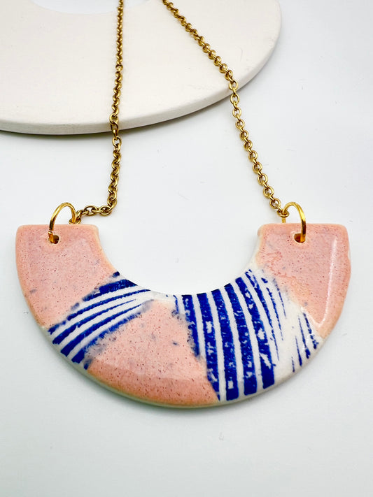 Ceramic Arc Necklace - Wavy Navy Print & Mottled Pink