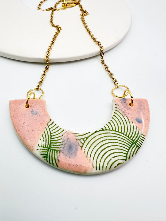 Ceramic Arc Necklace - Green Swirl Print & Pink