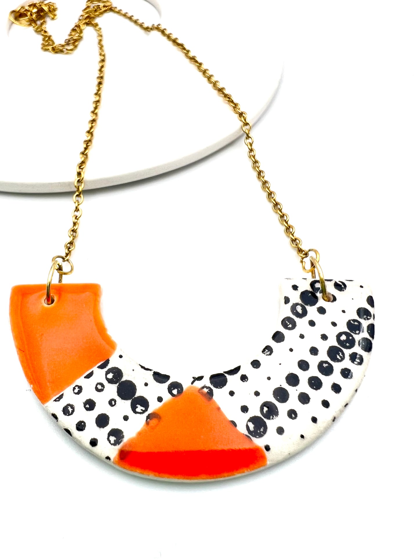 Ceramic Arc Necklace - Fire Opal & Black Dotted Print