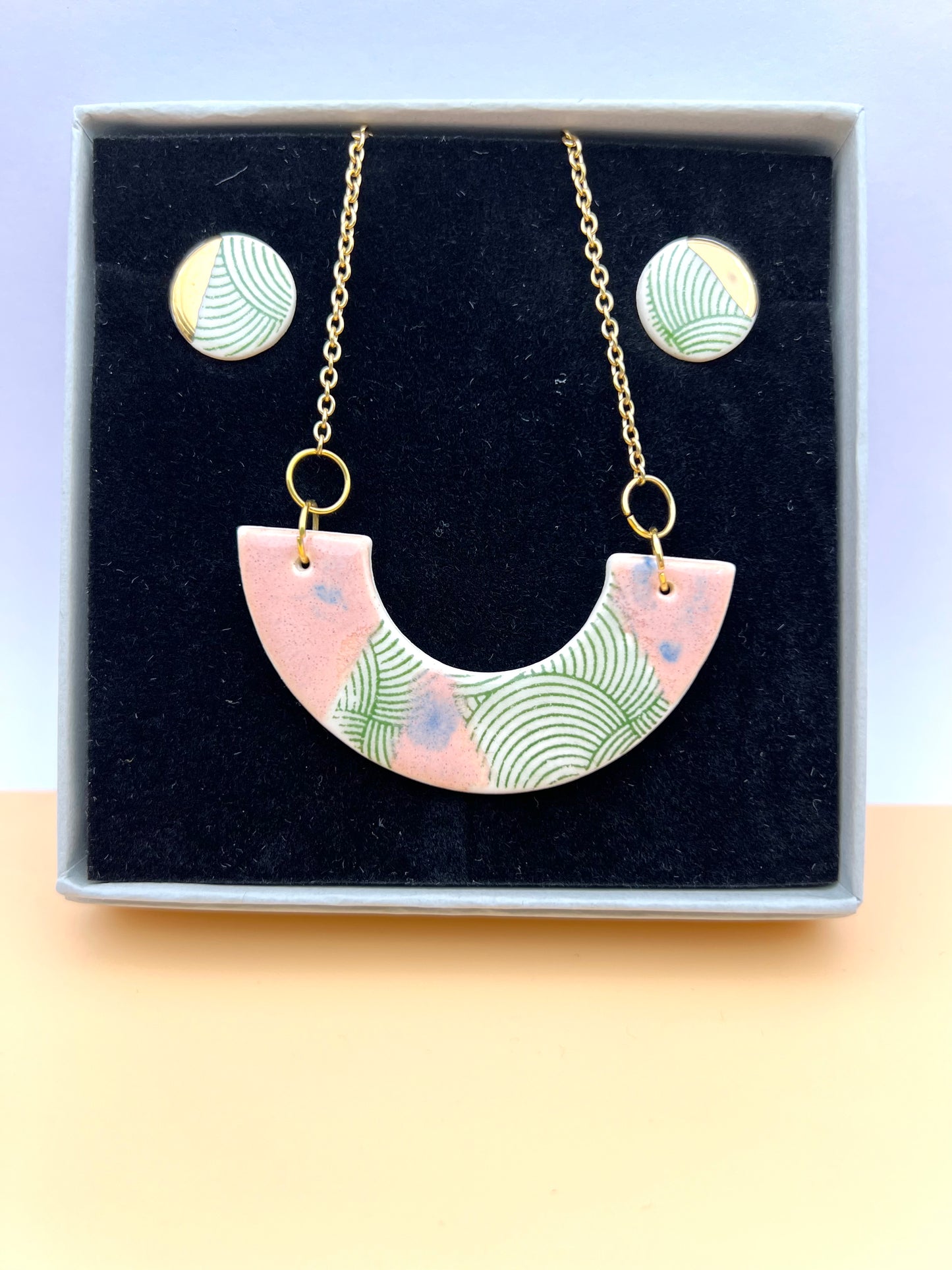 Gift Set - Small Arc Necklace & Mini Stud Earrings. Mottled Pink & Green Wavy Print