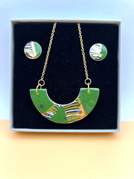 Gift Set - Small Arc Necklace & Mini Stud Earrings. 24 carat gold lustre, Irish green & black print