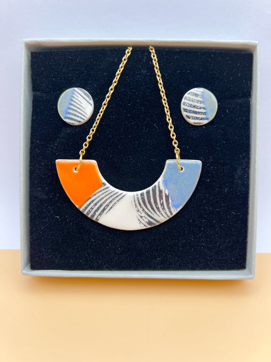 Gift Set - Small Arc Necklace & Mini Stud Earrings. Fire Opal, Black wavy print & Midnight blue