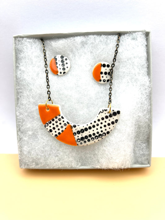 Gift Set - Small Arc Necklace & Mini Stud Earrings. Fire Opal & Black Dot Print