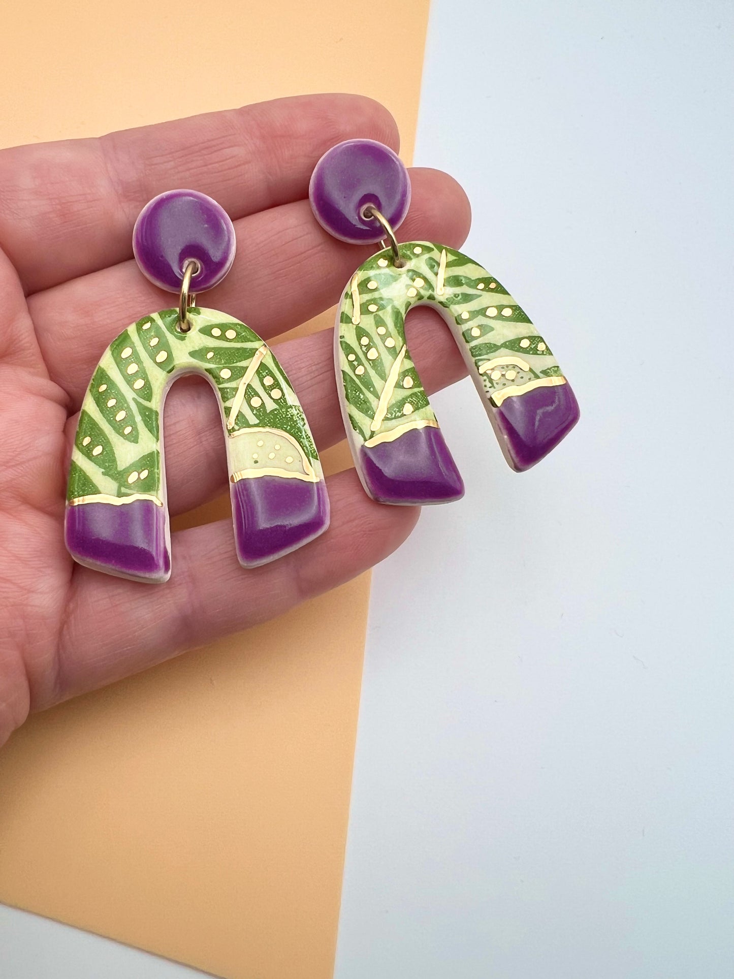 Moorish Arch Drop Earring - Amethyst, Green Leafy Print & 24 Carat Gold