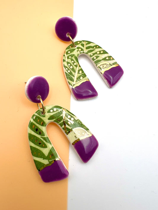 Moorish Arch Drop Earring - Amethyst, Green Leafy Print & 24 Carat Gold