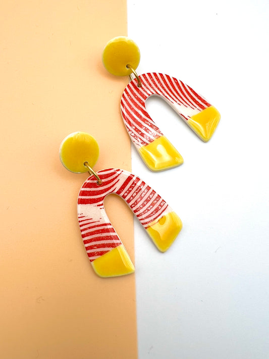 Moorish Arch Drop Earring - Red Wavy Print & Canary Yellow