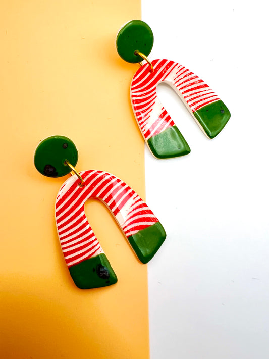 Moorish Arch Drop Earring - Red Wavy Print & Irish Green