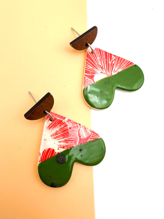 Wooden Sweetheart Drop Earring - Red Ginko Print & Green