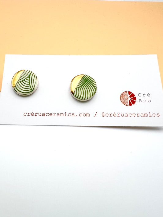 Ceramic Stud Earring - Green Spiral Print & 24 Carat Gold