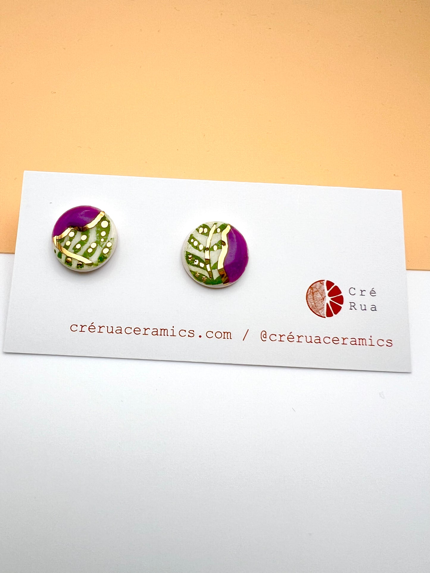 Mini Stud - Amethyst Purple, 24 Carat Gold & Green leafy Print