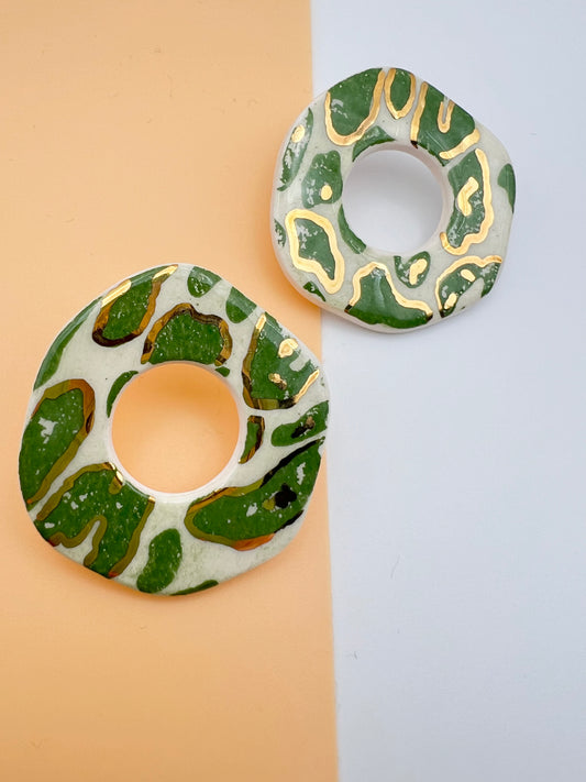 Donut Stud Earring - Green Animal Print & 24 carat gold