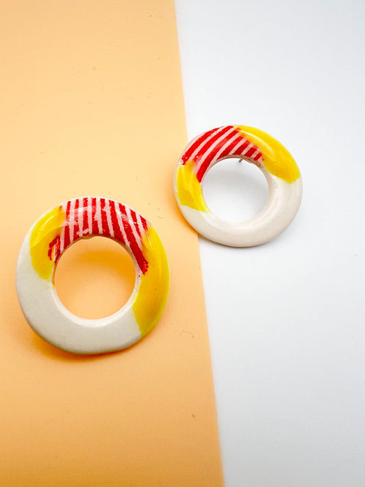 Halo Stud Earring - Red Wavy Print, Canary Yellow & White