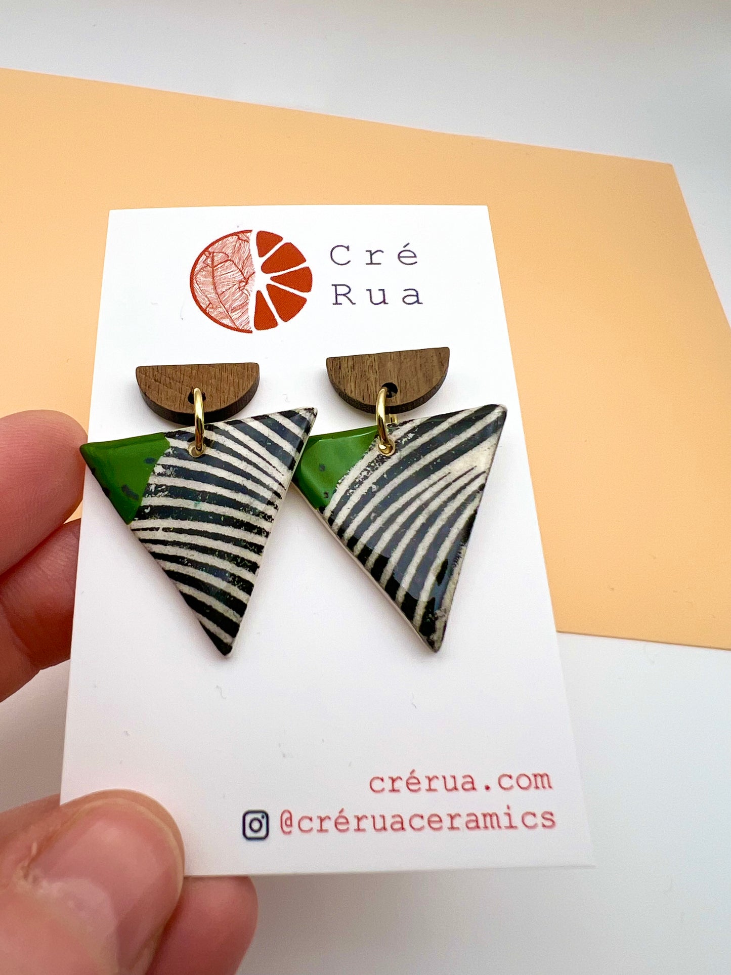 Wooden Triangular Drop Earring - Deep Green & Black Wavy Print