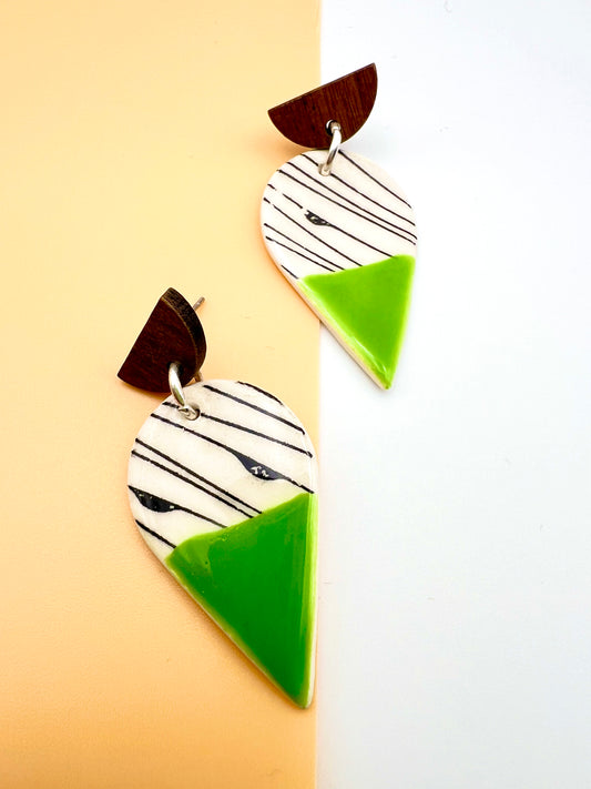 Wooden Rain Drop Earring - Black Geo Print & Lime Green