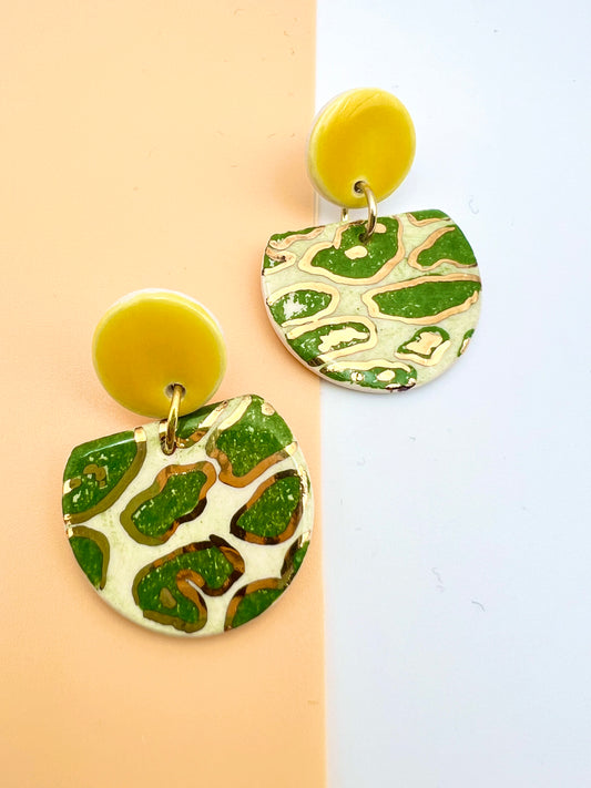 Cré Ór Drop Earring - Green Animal Print,  Canary Yellow & 24 Carat Gold