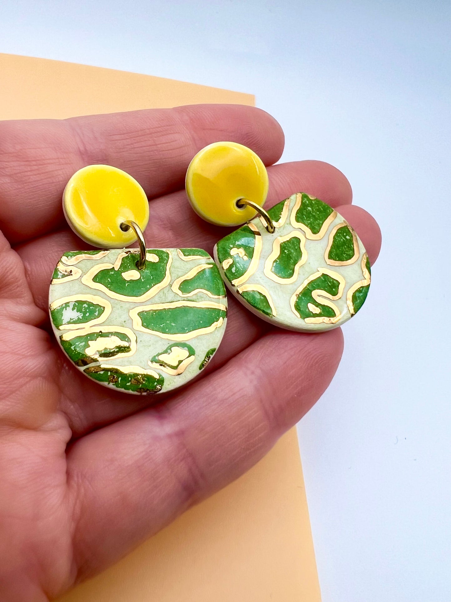 Cré Ór Drop Earring - Green Animal Print,  Canary Yellow & 24 Carat Gold